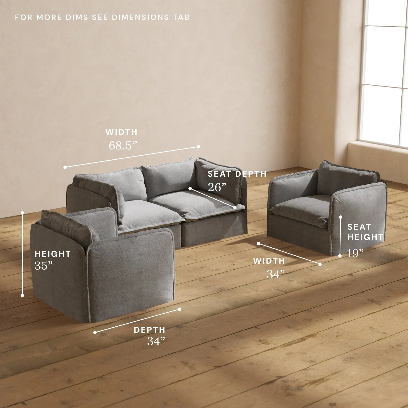 Modular Performance 2-Seater Sofa   Armchair Set in Ash | Deluxe Blend