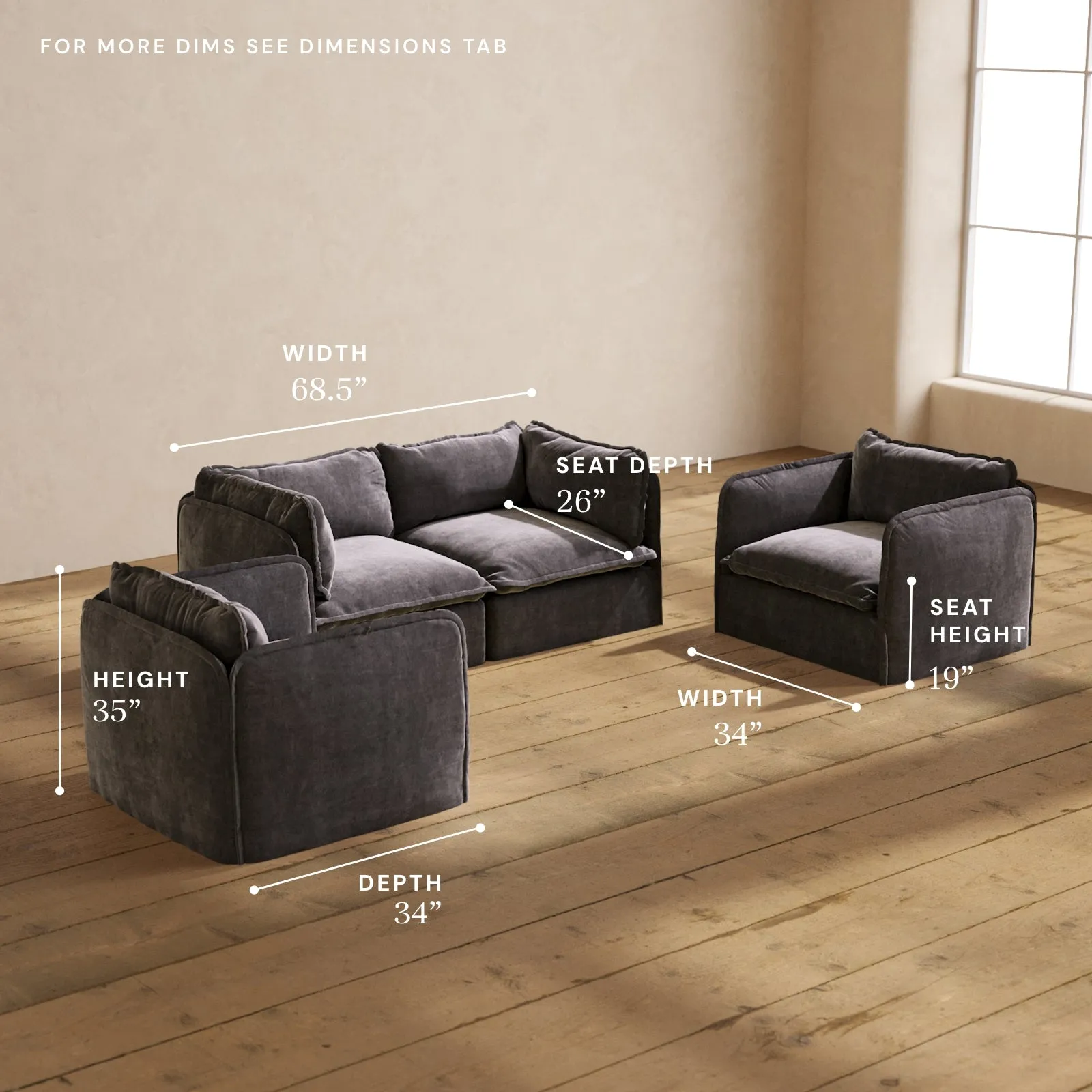 Modular Performance 2-Seater Sofa   Armchair Set in Cinder | Relaxed Blend