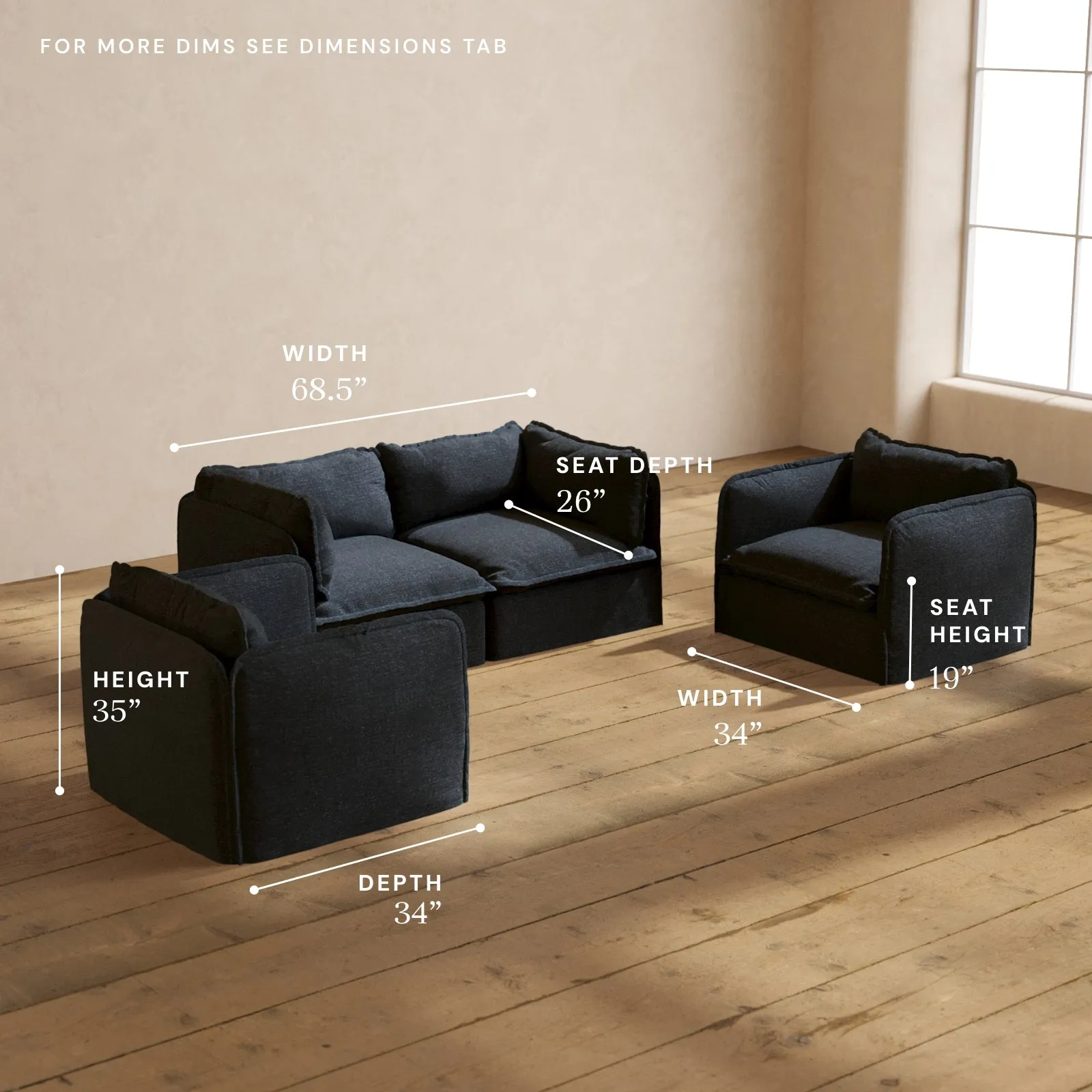 Modular Performance 2-Seater Sofa   Armchair Set in Indigo | Deluxe Blend