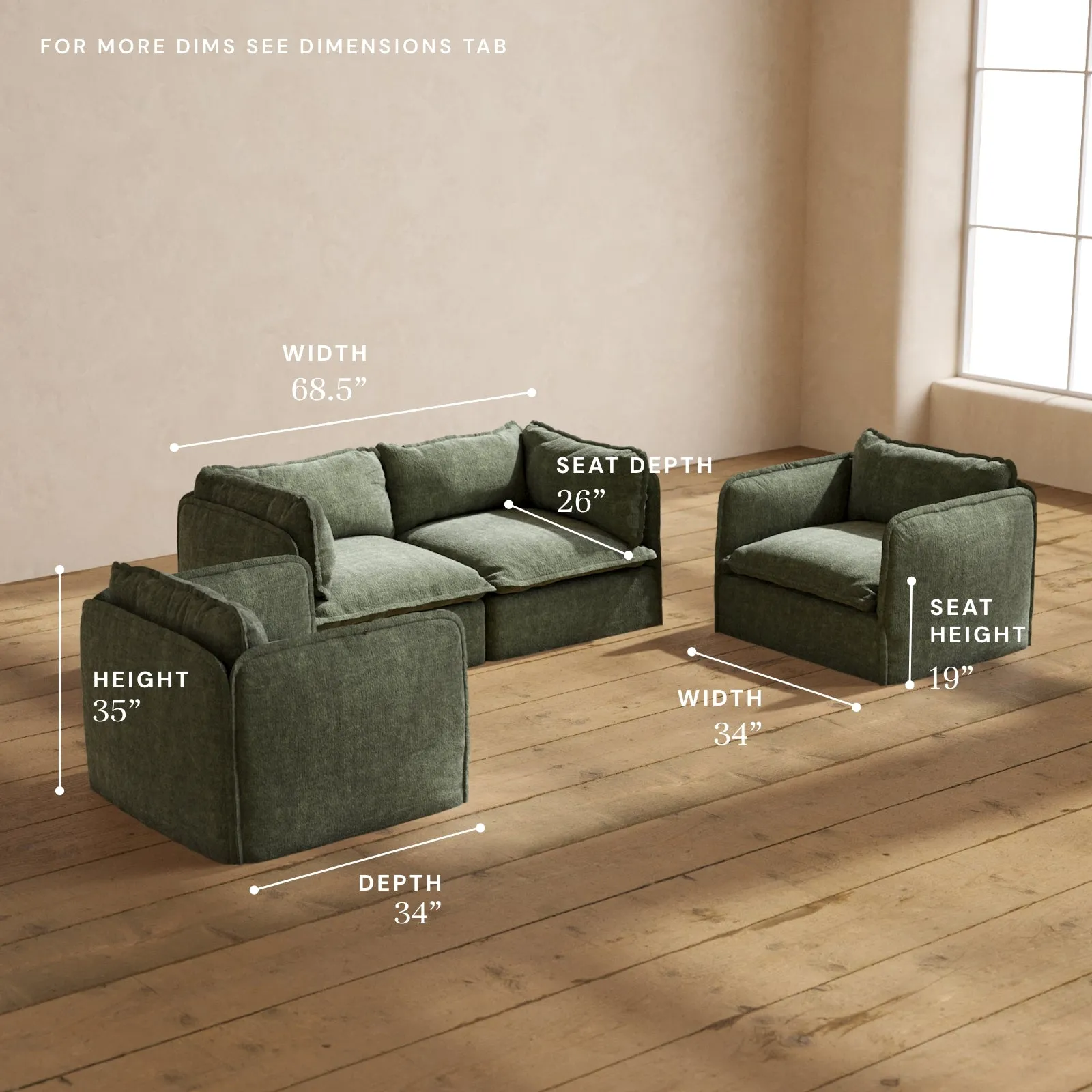 Modular Performance 2-Seater Sofa   Armchair Set in Willow | Deluxe Blend