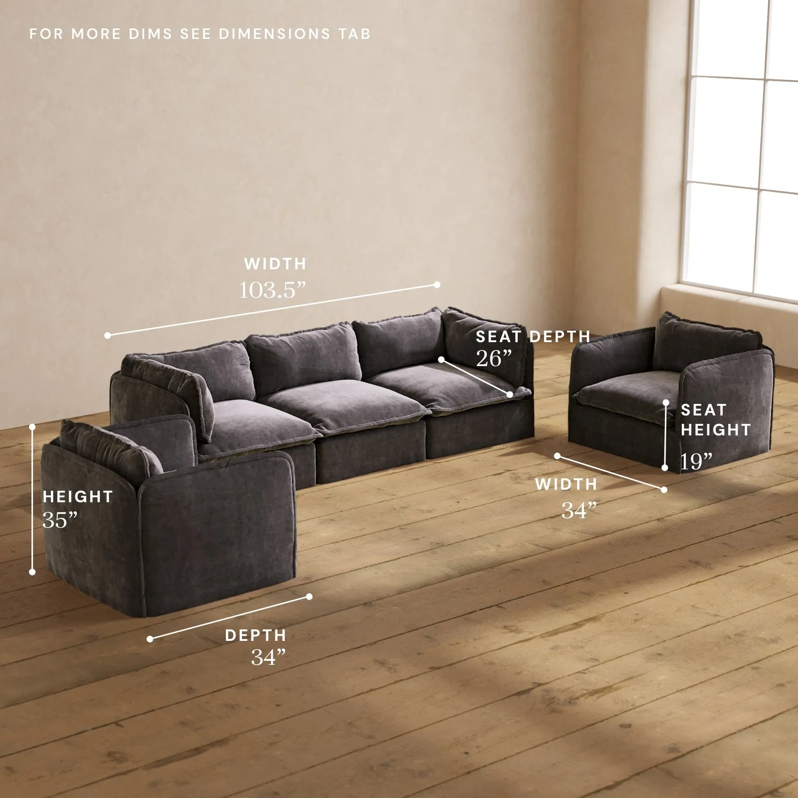Modular Performance 3-Seater Sofa   Armchair Set in Cinder | Deluxe Blend