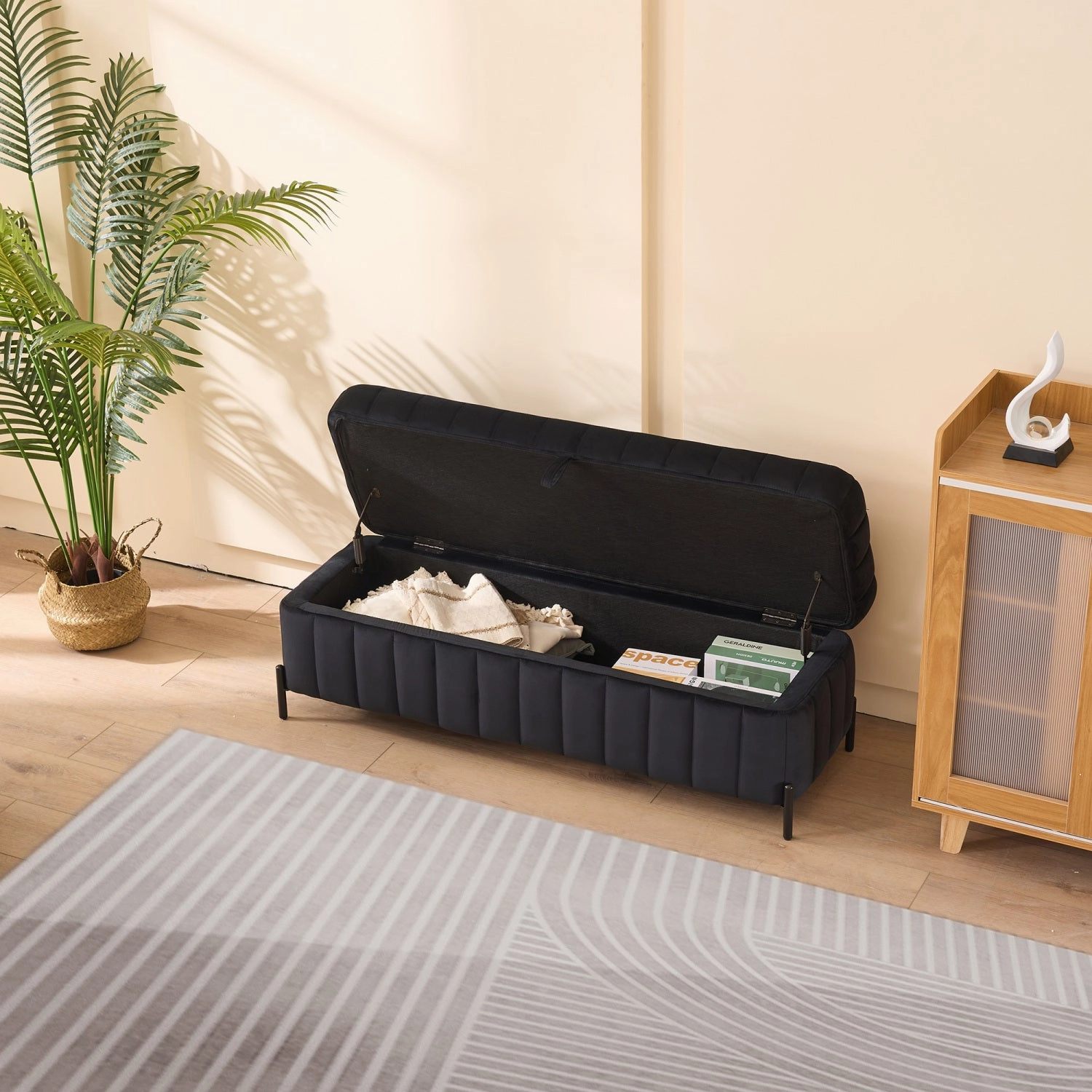 Streamdale Black Velvet Storage Bench 49" - Living Room/Entryway
