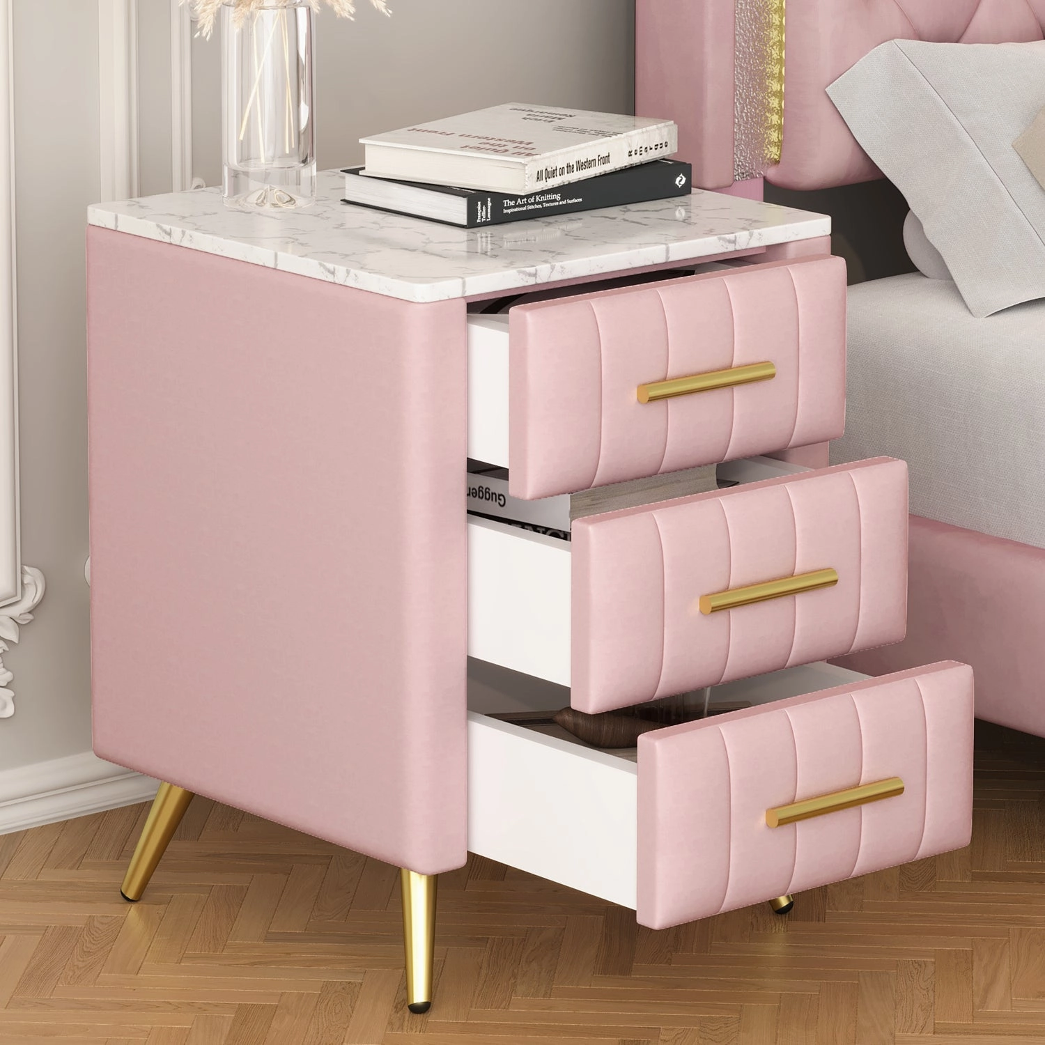 Streamdale Nightstand: 3 Drawers, Metal Legs, Marbling Top