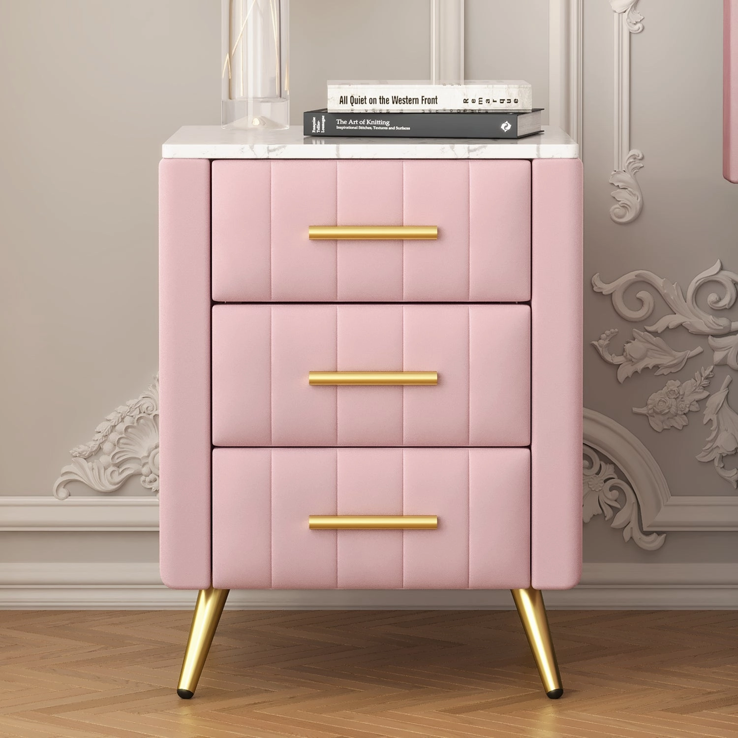 Streamdale Nightstand: 3 Drawers, Metal Legs, Marbling Top