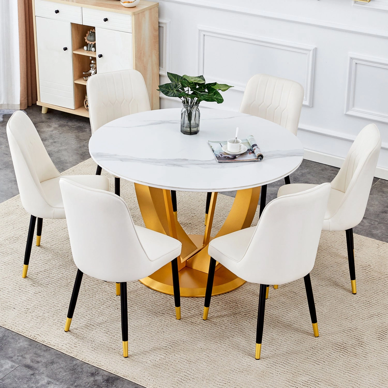 Streamdale Snow Mountain White Round Dining Set - 47" w/ 6 White Chairs