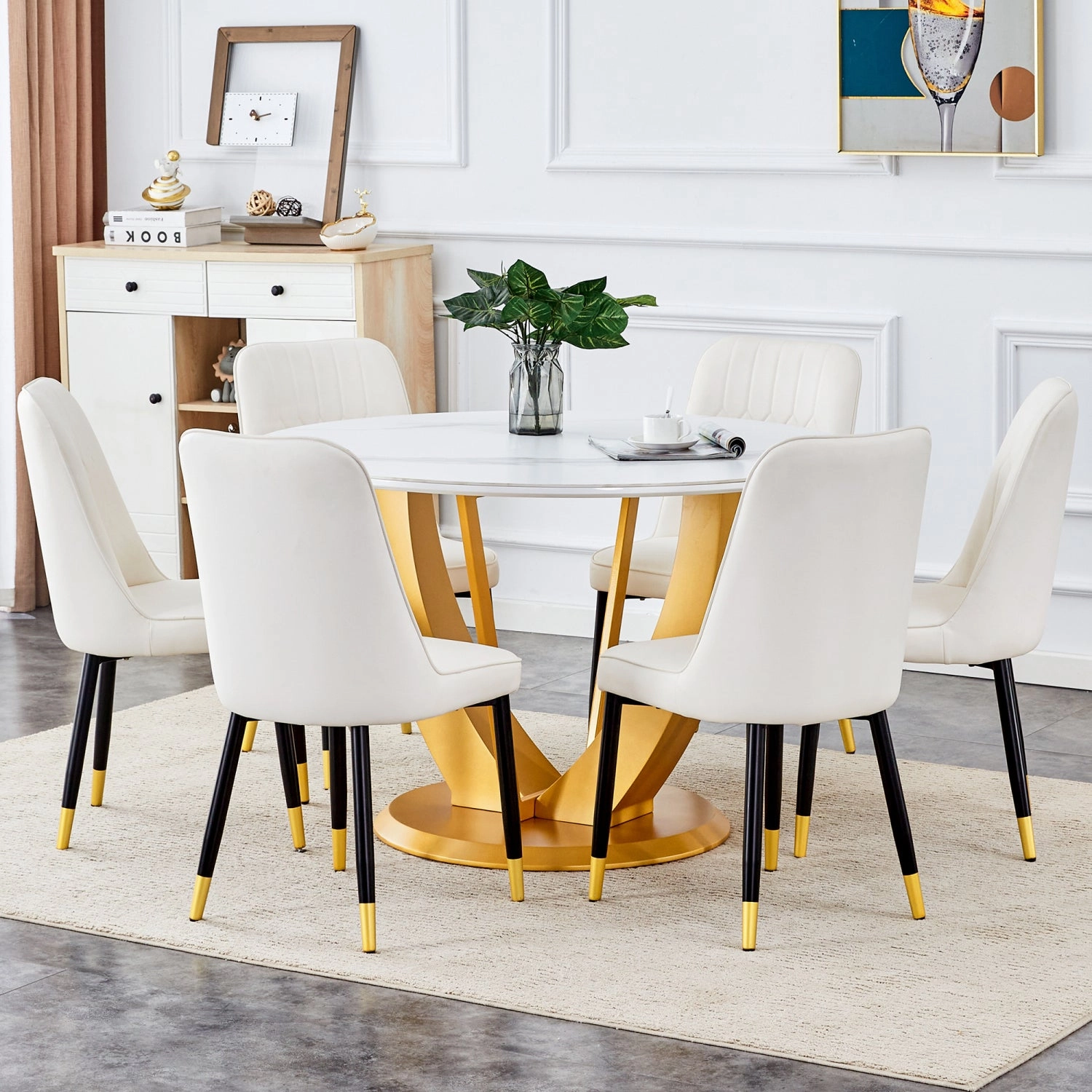 Streamdale Snow Mountain White Round Dining Set - 47" w/ 6 White Chairs