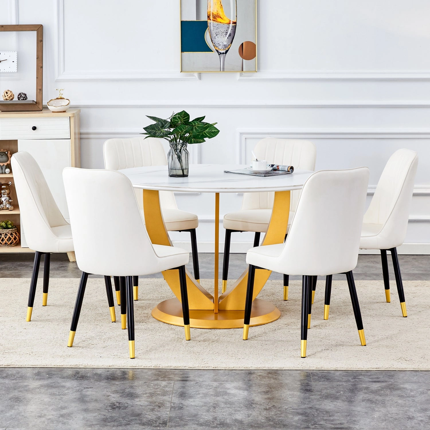 Streamdale Snow Mountain White Round Dining Set - 47" w/ 6 White Chairs